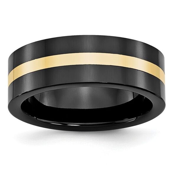 Chisel Ceramic Flat Black with 14k Gold Inlay 8mm Polished Band